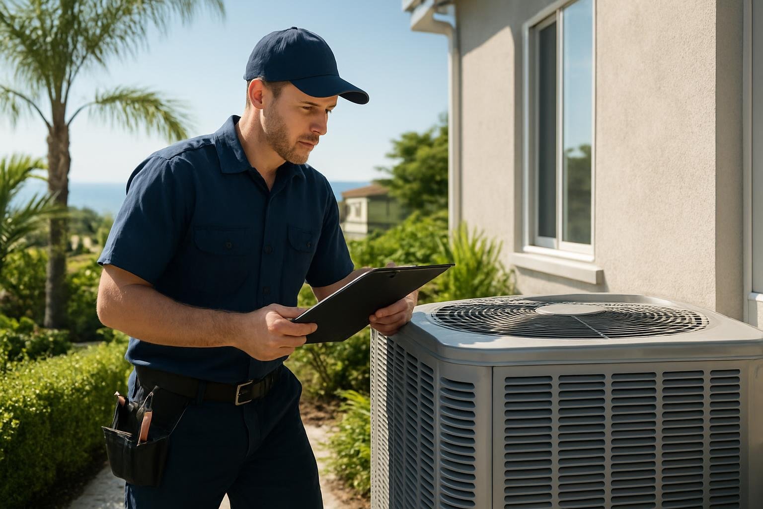 HVAC technician inspecting an outdoor air conditioning unit near a coastal home